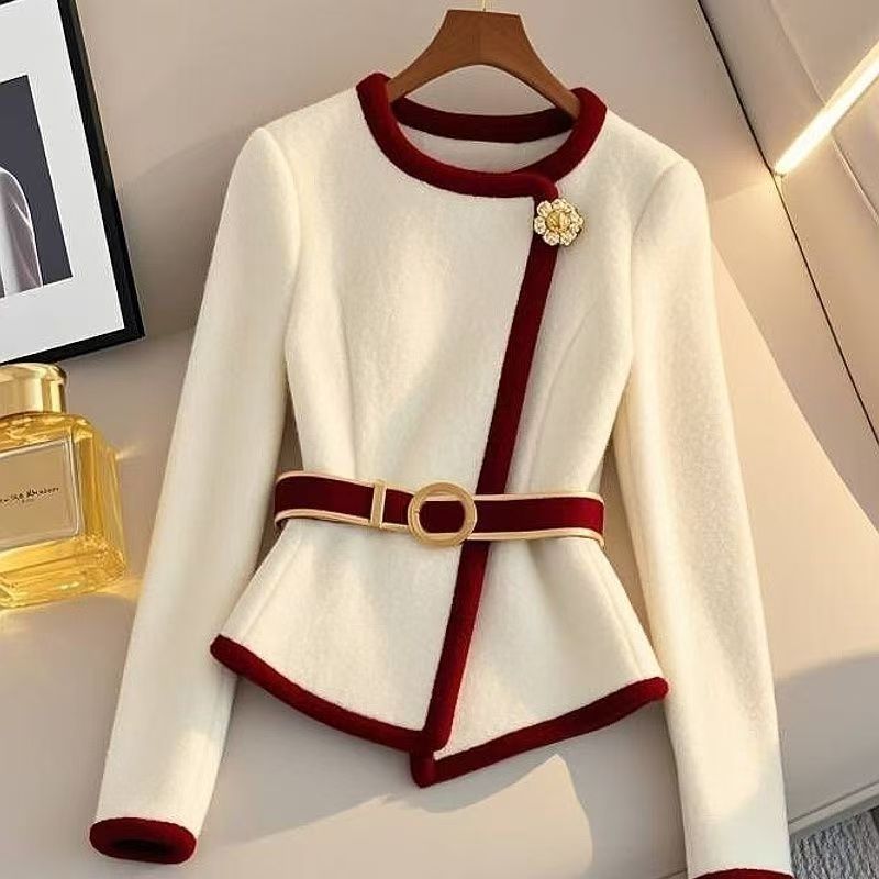 ​Elegant Style Belted Blazer For Women – High-Quality Polyester Casual Coat With Round Neck And Long Sleeves​