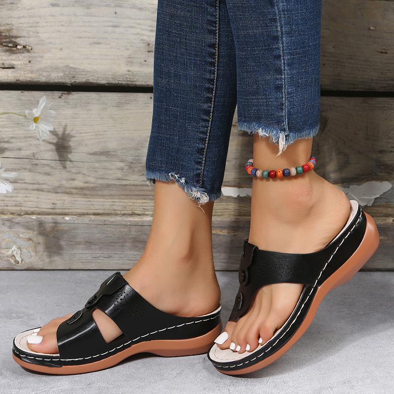Leopard Print Wedge Sandals For Women With Rivet And Toe Clip_voghion.com