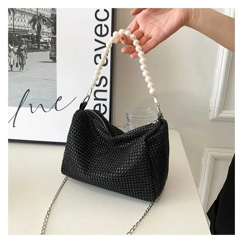Sac messager à fermeture éclair en métal avec poignée en perles, grande capacité, sac à bandoulière décoratif à diamants brillants pour lui/voyage Y241026_voghion.com