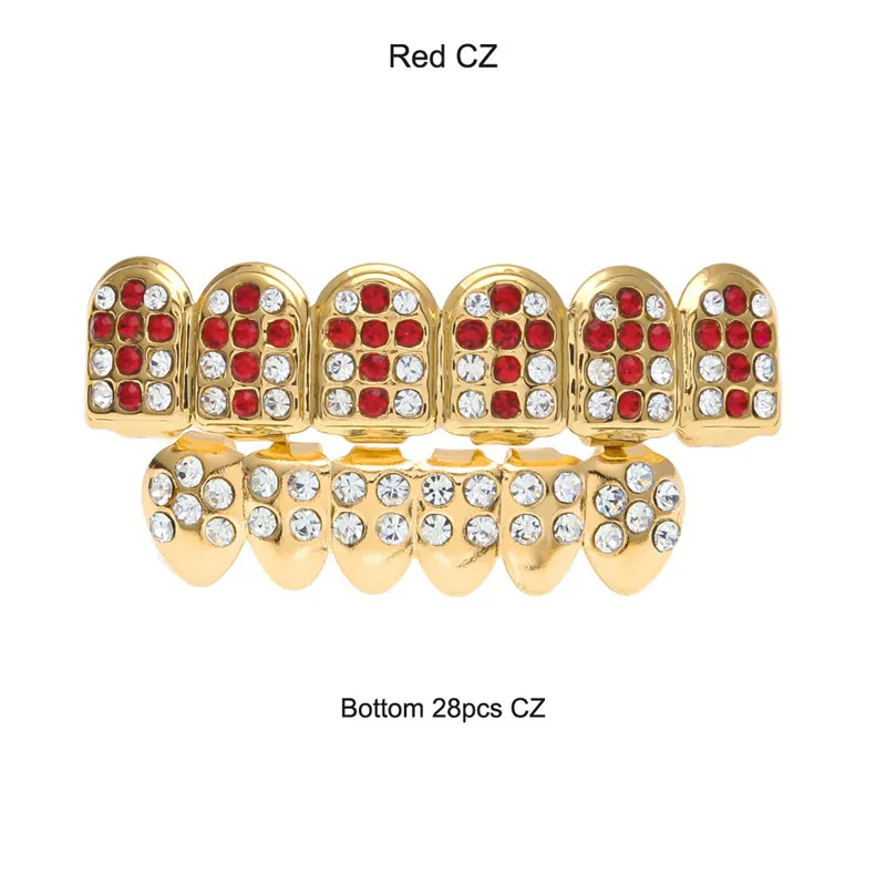 Party Cosplay Hiphop Zubehör CZ Kristall Bio Kupfer Gold Zähne Grillz Kappen oben und unten mit rot schwarz Kreuz Charme_voghion.com
