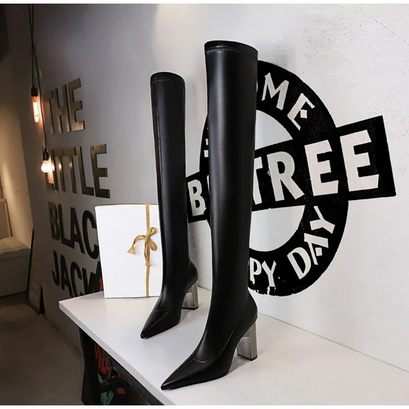 Brand Women Leather Thigh Thick High heels Stretch Skinny Over the knee boots Autumn Winter Warm Female Boots Shoes_voghion.com