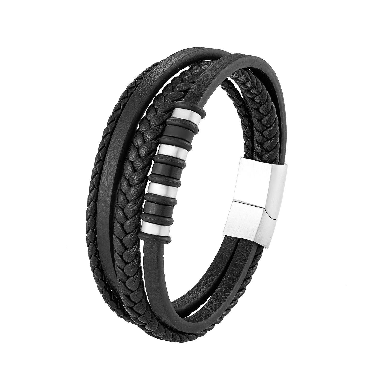 Bracciale in pelle intrecciata multistrato semplice da uomo, stile hip hop punk rock street, bracciale in pelle intrecciata bicolore da uomo_voghion.com