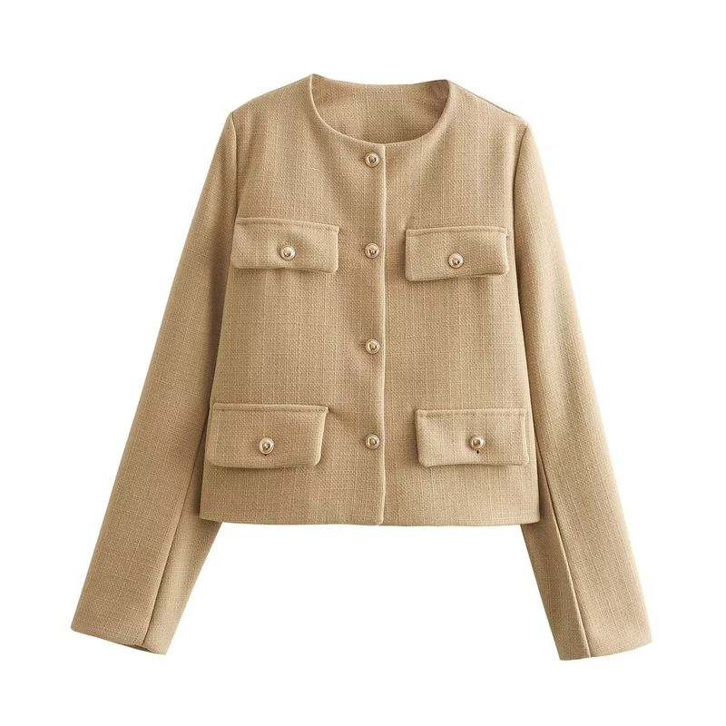 Damenbekleidung Mode Knopf Dekoration kurze Anzugjacke_voghion.com