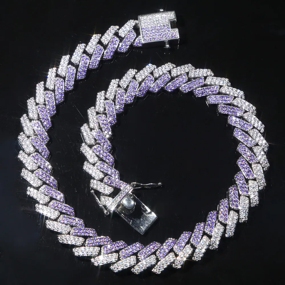 Collier ras du cou en zircone cubique bicolore violet et blanc de 15 mm avec chaîne à maillons cubains Miami glacé, style hip-hop, bijoux pour femmes_voghion.com