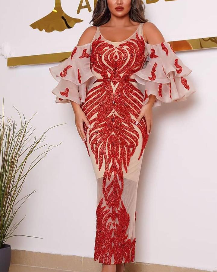 Women’s Clothing Sexy Hot Stamping Long Sleeved Banquet Dress The hot stamping process will cause slight powder loss, so please don’t buy if you mind