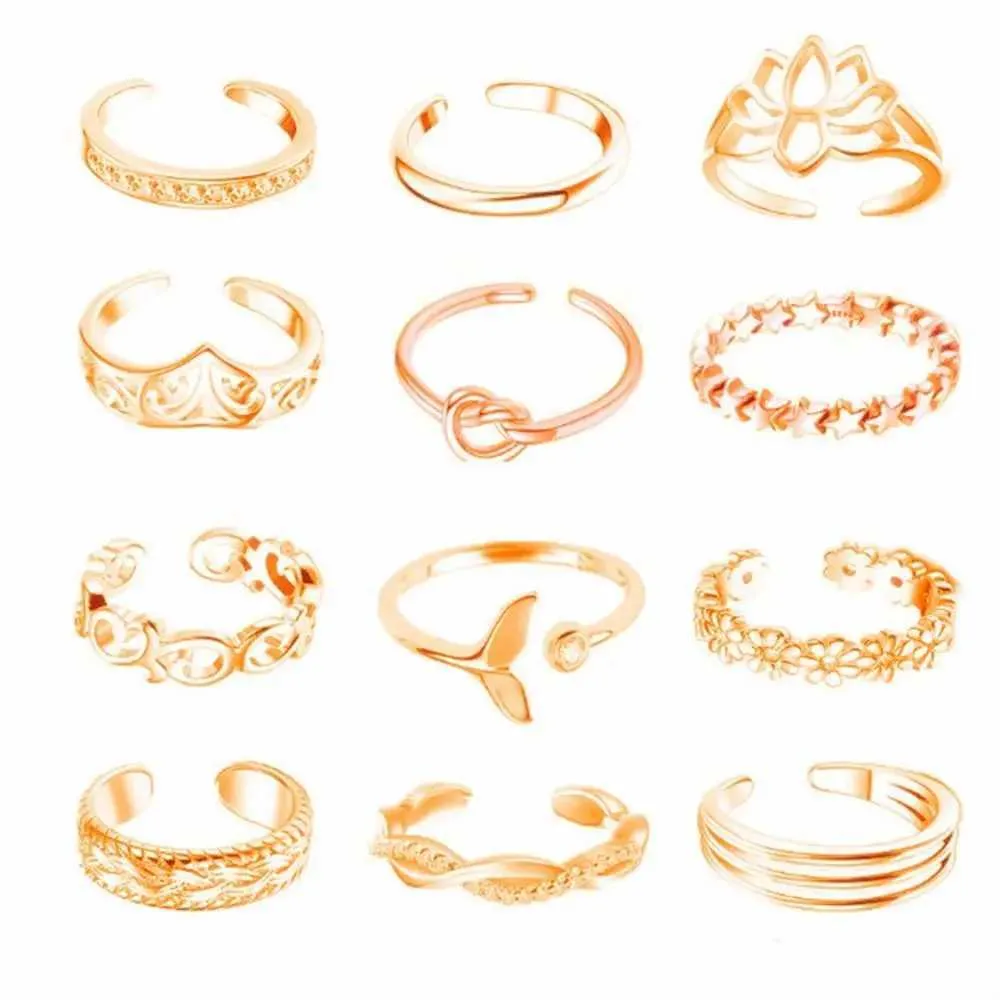Anillos para los dedos del pie, juego de 12 anillos de aleación para el pie, accesorios de playa abiertos para mujer, anillos, joyería de moda H240528_voghion.com