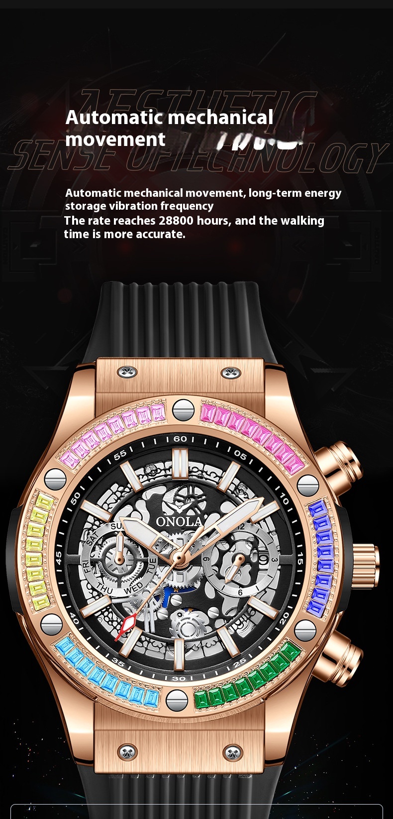 Fashion New ONOLA/Orona Rainbow Diamond Fully Automatic Mechanical Watch Men's Waterproof Tape_voghion.com
