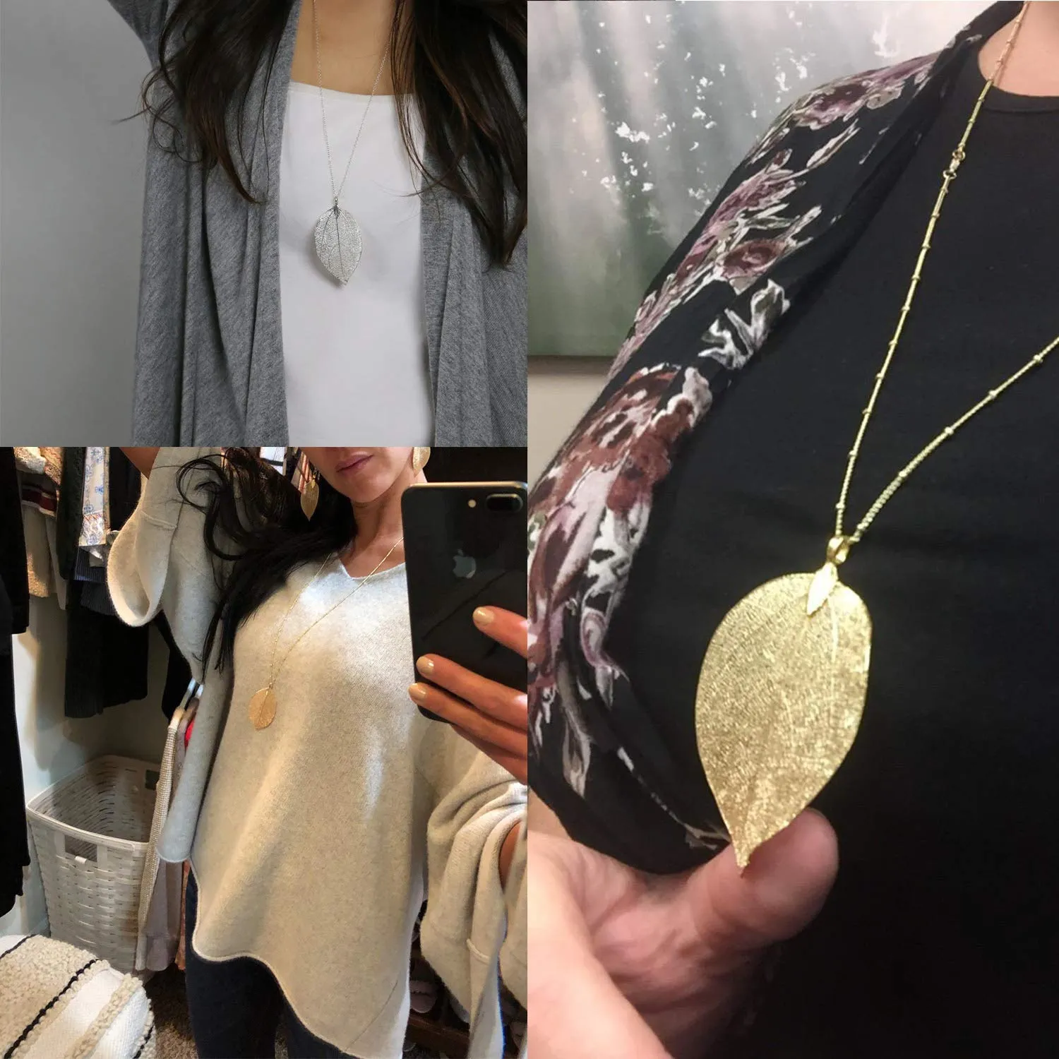 Collana con ciondolo a forma di foglia naturale placcata in oro e argento, orecchini fai da te, perline, ciondoli, accessori, regali perfetti_voghion.com