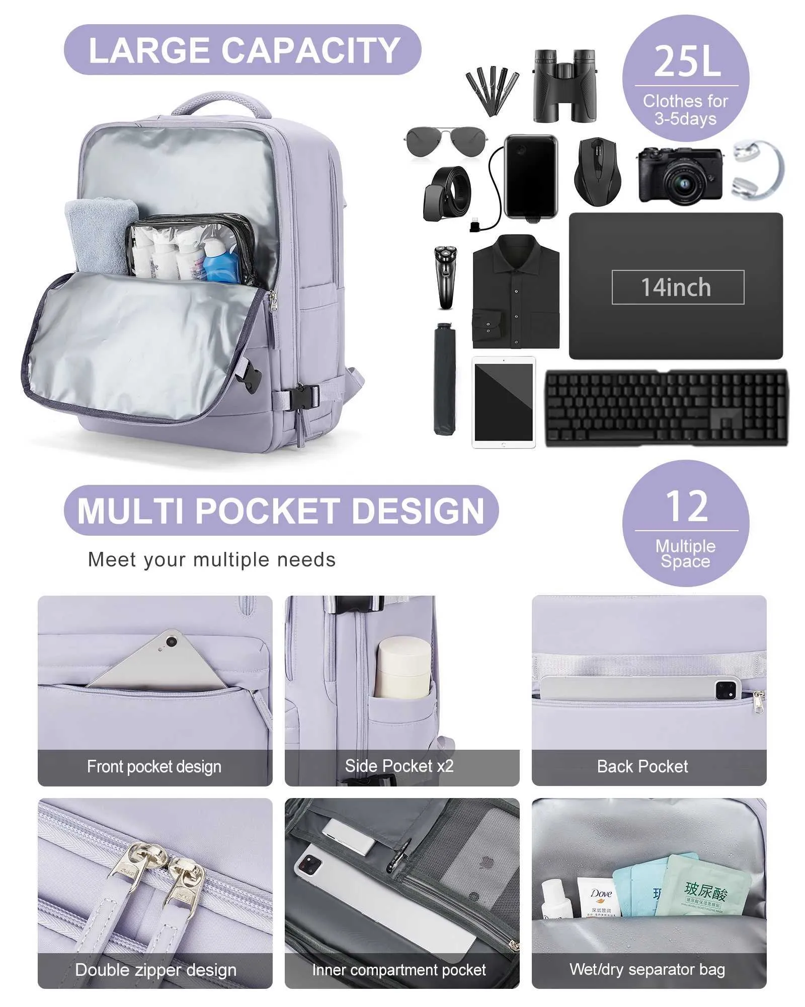 Laptop-Reisetasche für Damen in der Kabine, großes Fassungsvermögen, Easyjet-Handgepäck 45 x 36 x 20, Rucksack Ryanair 40 x 20 x 25, wasserabweisend_voghion.com