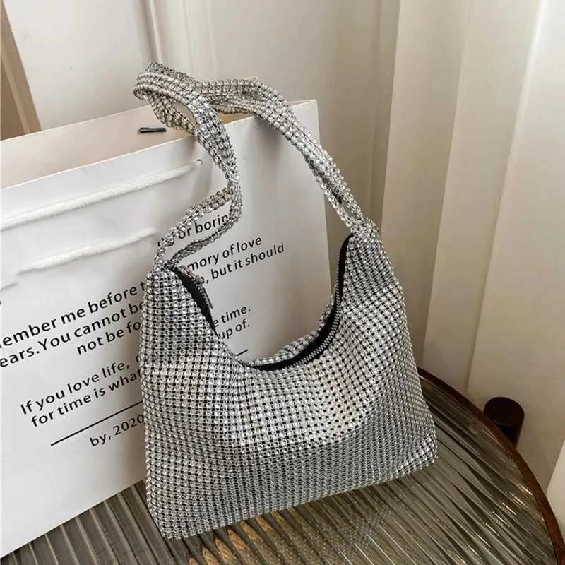 Exquisite Sier Shiny Purse Rhie Underarm Evening Wedding Shoulder Bag Handbag for Dinner PartyC241211_voghion.com