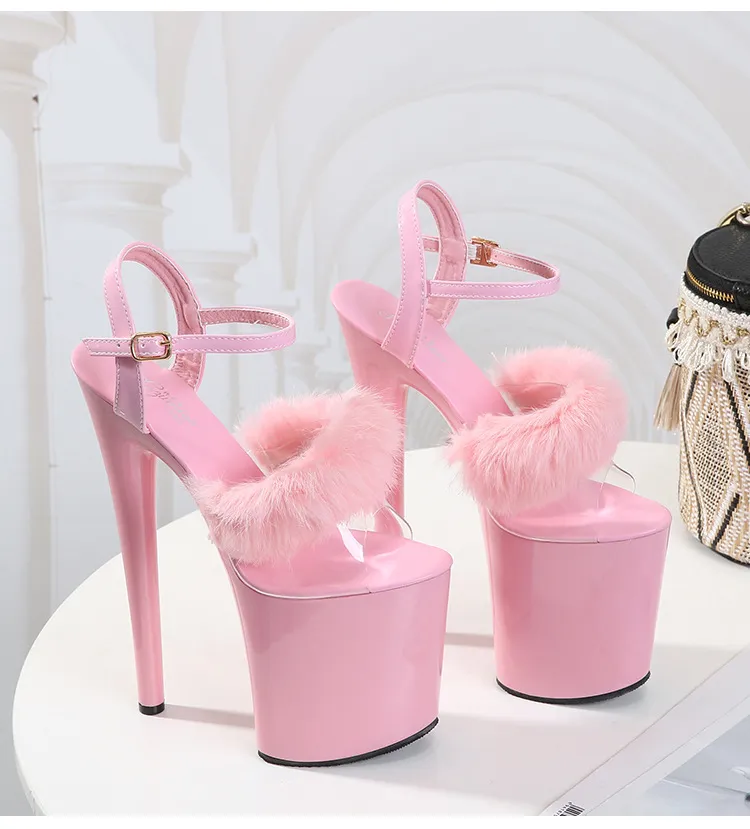 Walking Show Artefakt Modell High Heels 17cm 20CM Pelz Frau Sandalen PU Sommer Sexy Plattform Nachtclub Party Hochzeit Schuhe_voghion.com
