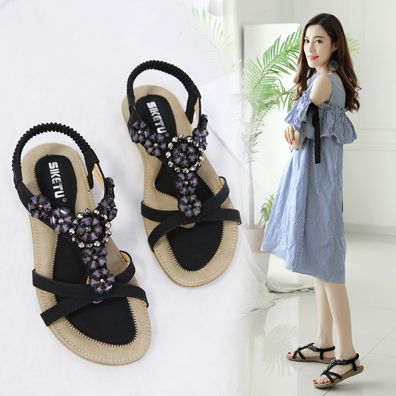 Bohemian Flat Sandals For Women With Flower And Diamond Detail_voghion.com