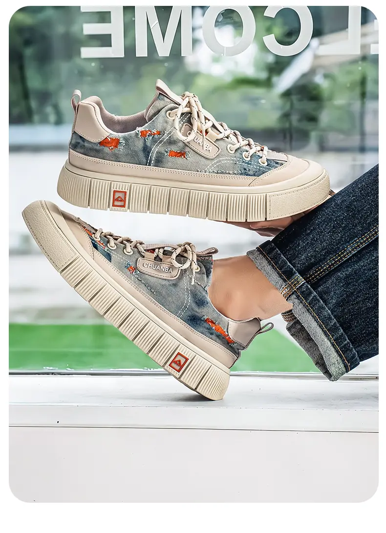 Washed Denim Board Shoes With Camouflage Print For Men_voghion.com