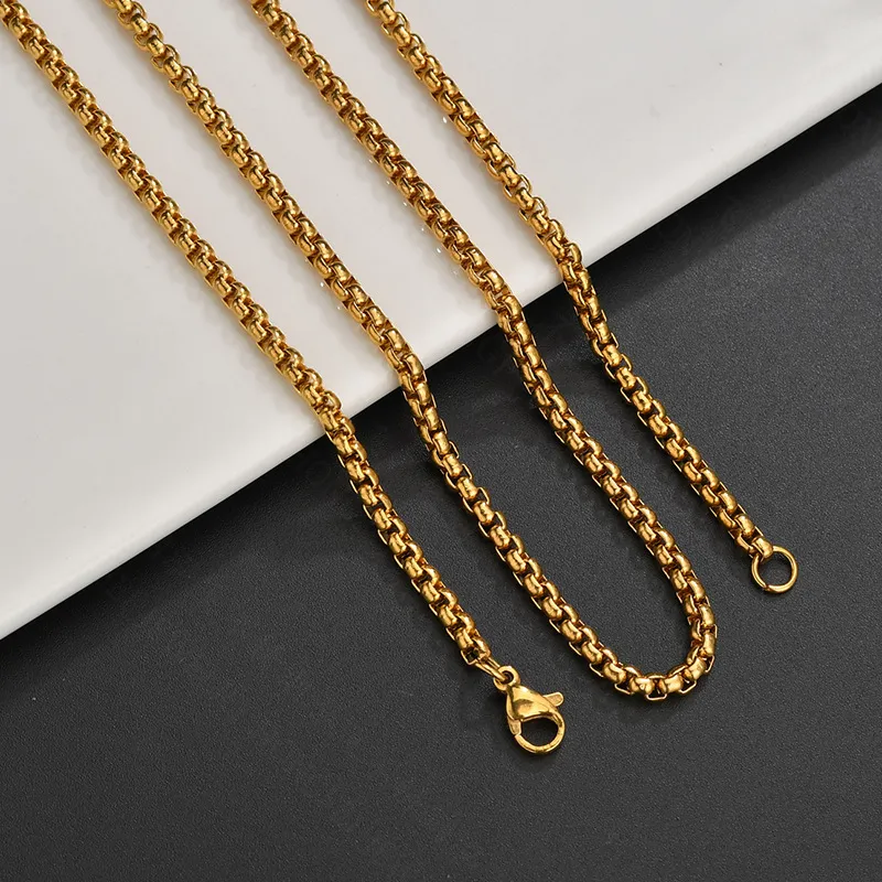 Stainless Steel Round Box Chain Necklace Gold Plated Unisex_voghion.com