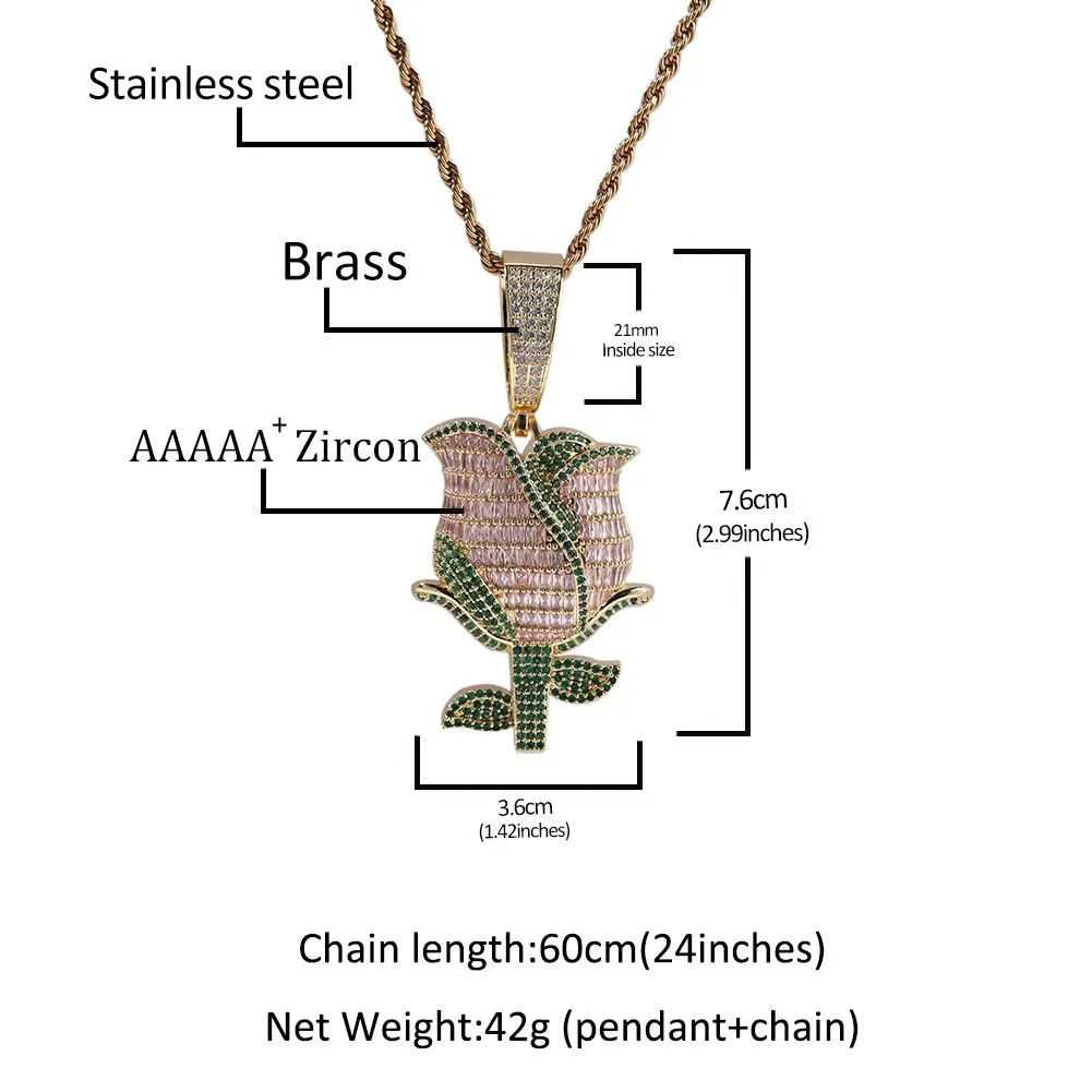 Collier pendentif fleur de rose avec zircon et plaqué or_voghion.com
