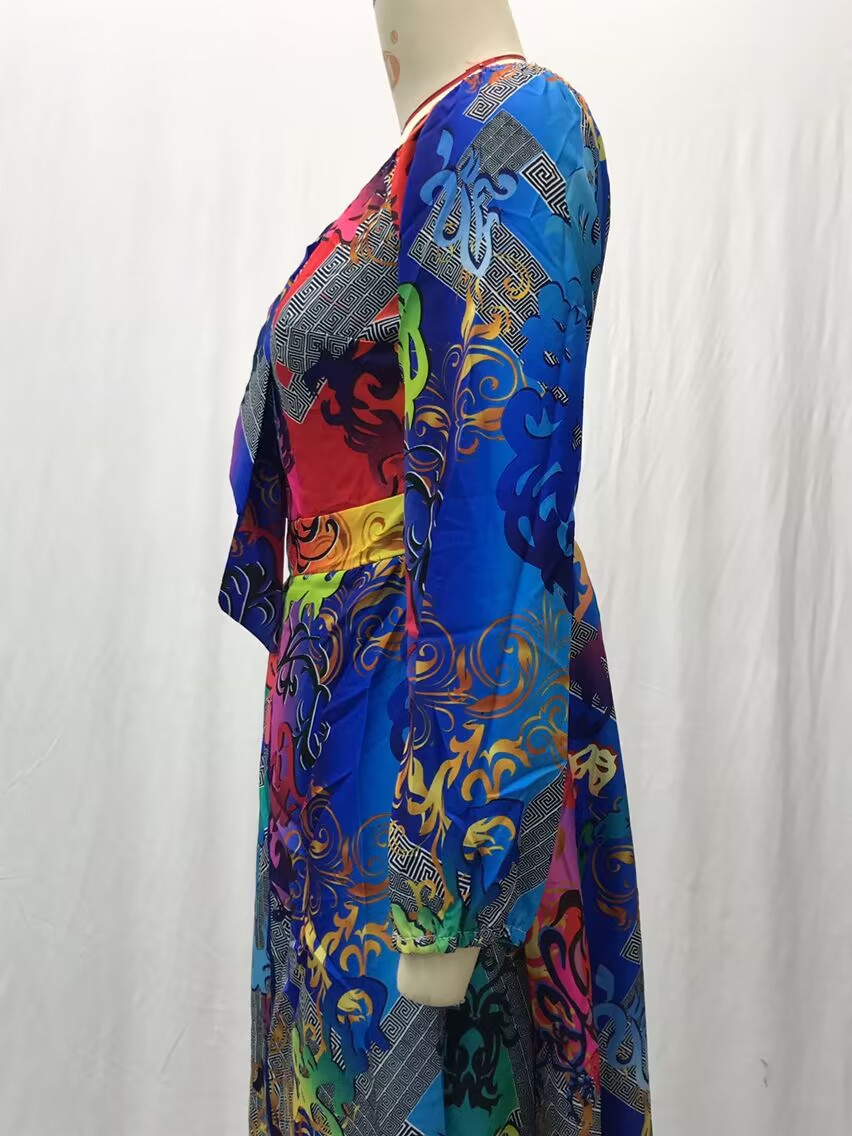 Dress Printed V-neck Retro Long Sleeve Swing Slit Long Dress_voghion.com