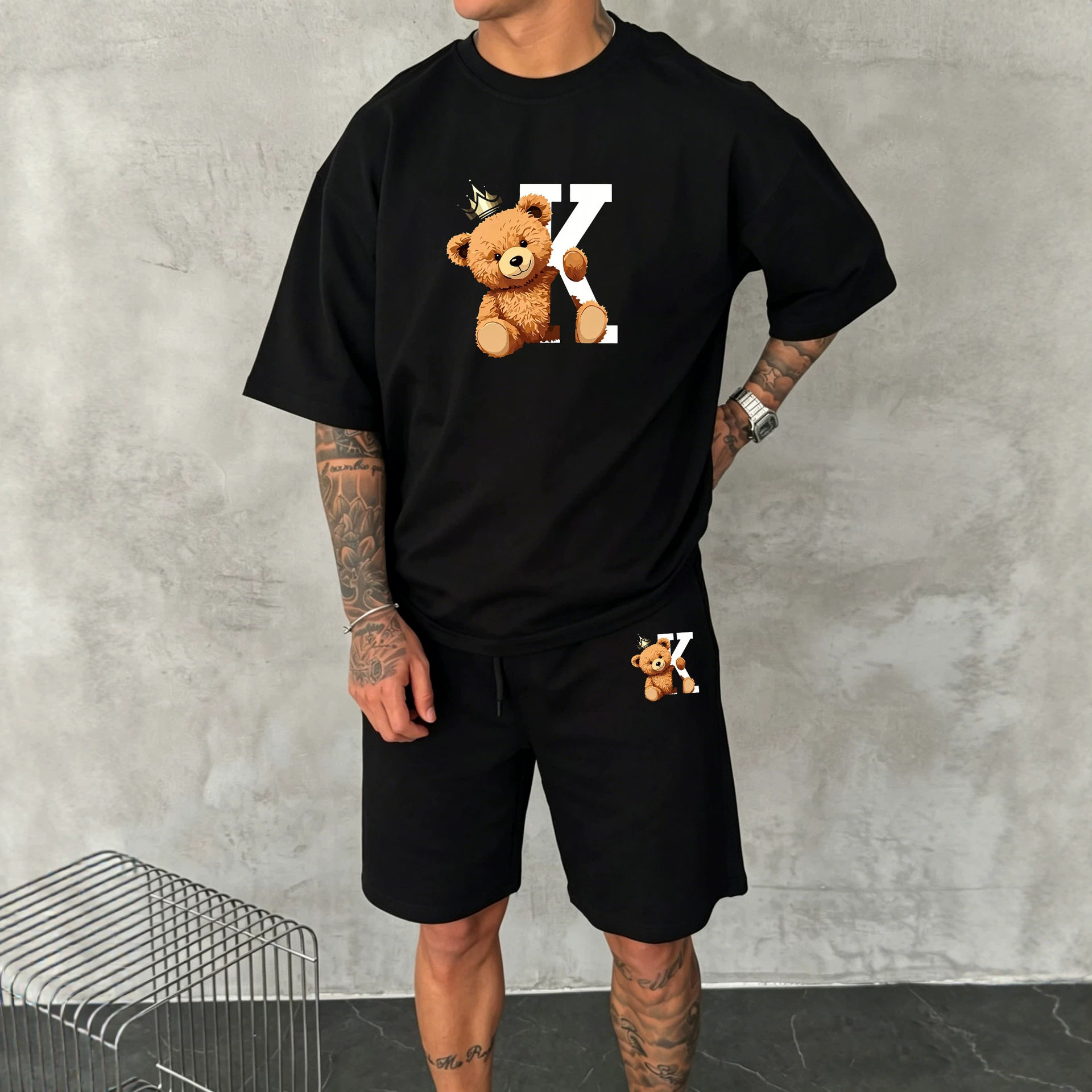 Men’s Hip-Hop Cotton T-Shirt Set – 2-Piece Crewneck Tee Outfit With Bear Graphic Print, Streetwear Style