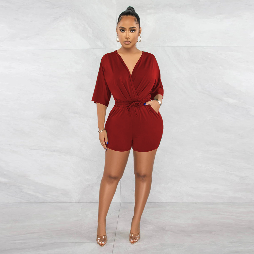Women's V-neck Jumpsuit Solid Colour Waist Casual Short Romper_voghion.com