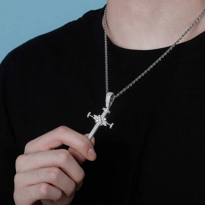 Unisex Ins Full Zircon Nail Cross Pendant Necklace Hip Hop Punk Jewelry Bling Real Yellow Gold Shiny Cz Stone Cubic_voghion.com