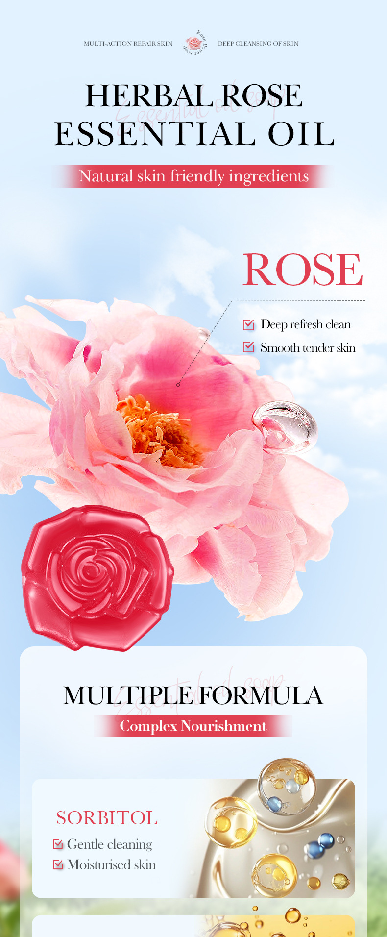 Savon nettoyant pour le corps fait main à l'huile essentielle de rose, gamme complète_voghion.com