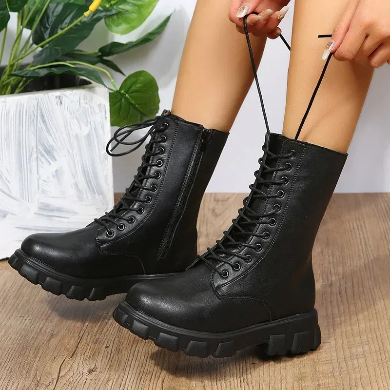 Women Autumn Winter PU Leather White Ankle Motorcycle Botines Female Chunky Heels Platform Boots Botas Mujer 240826_voghion.com
