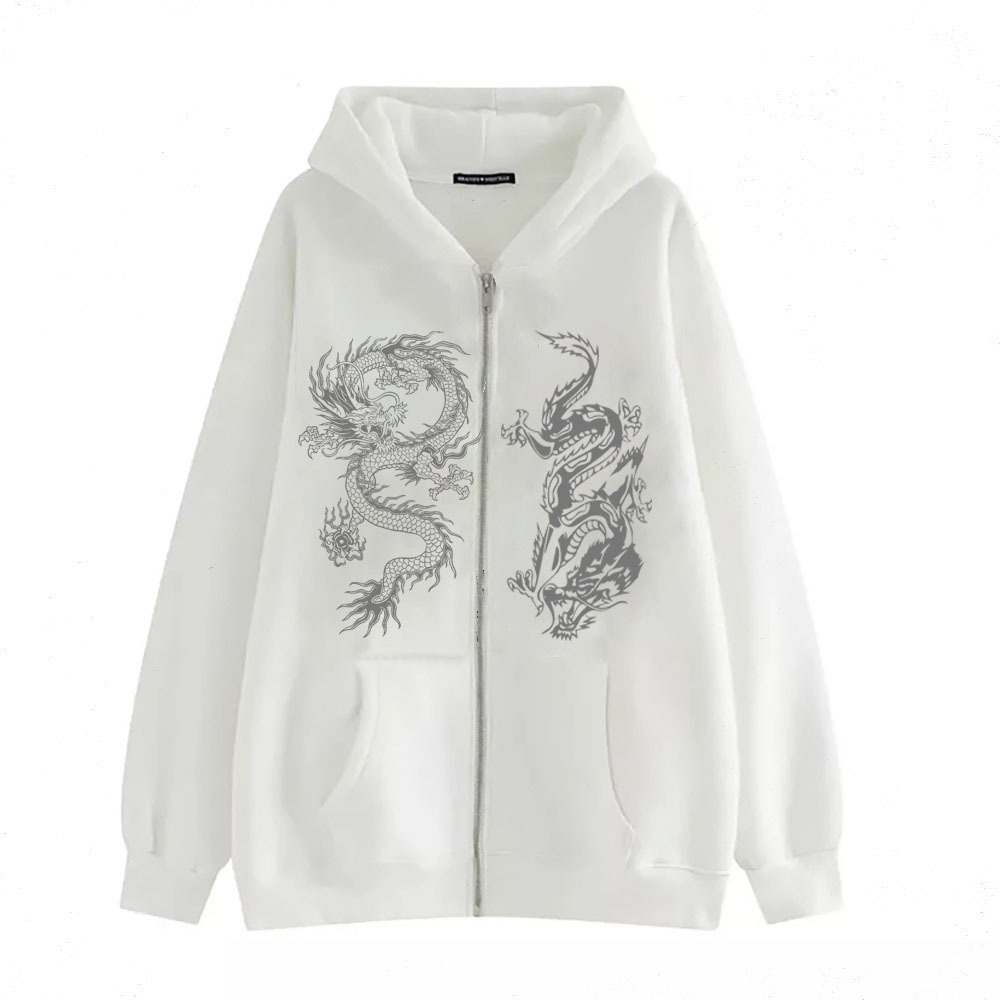 Roupas masculinas femininas com estampa de dragão, moletom com zíper, moda de rua, moletom com capuz, tendência, jaqueta solta para homens e mulheres_voghion.com