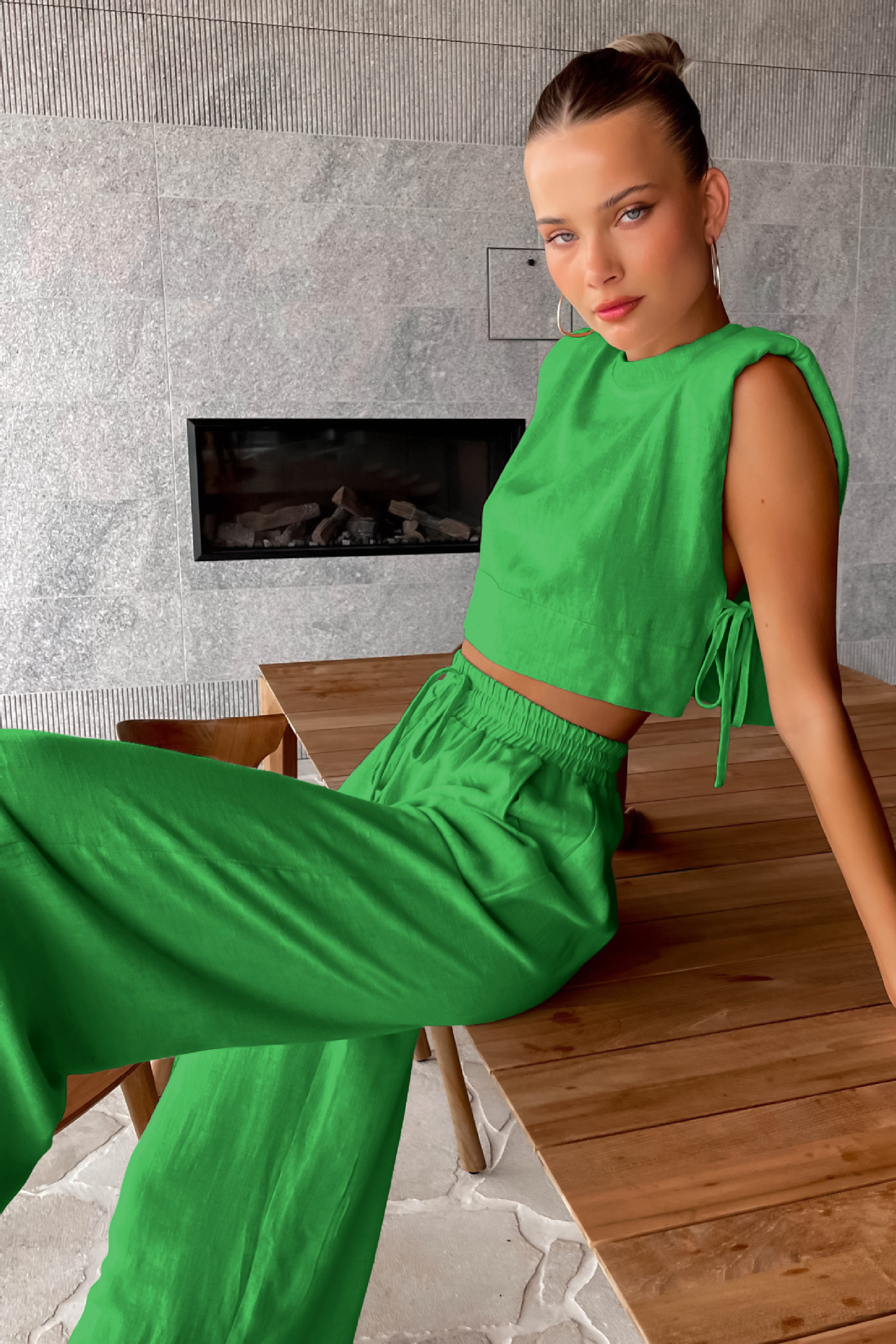 Women's Clothing Fashion cotton and linen suits style shoulder pad sleeveless tops and trousers two-piece suits_voghion.com