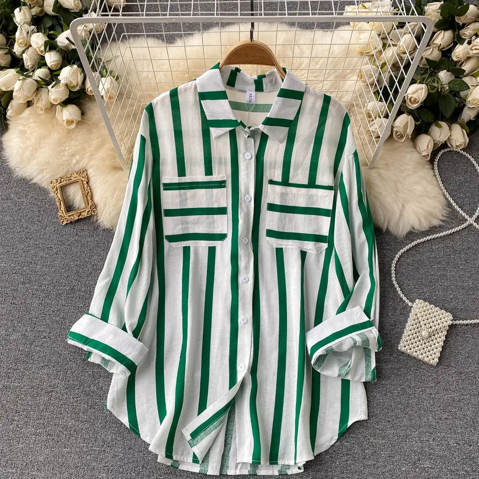 Women's Korean Style Casual Loose Top Summer Spring Autumn New Mid-Length Vertical Stripe Multicolor Shirt Jacket _voghion.com