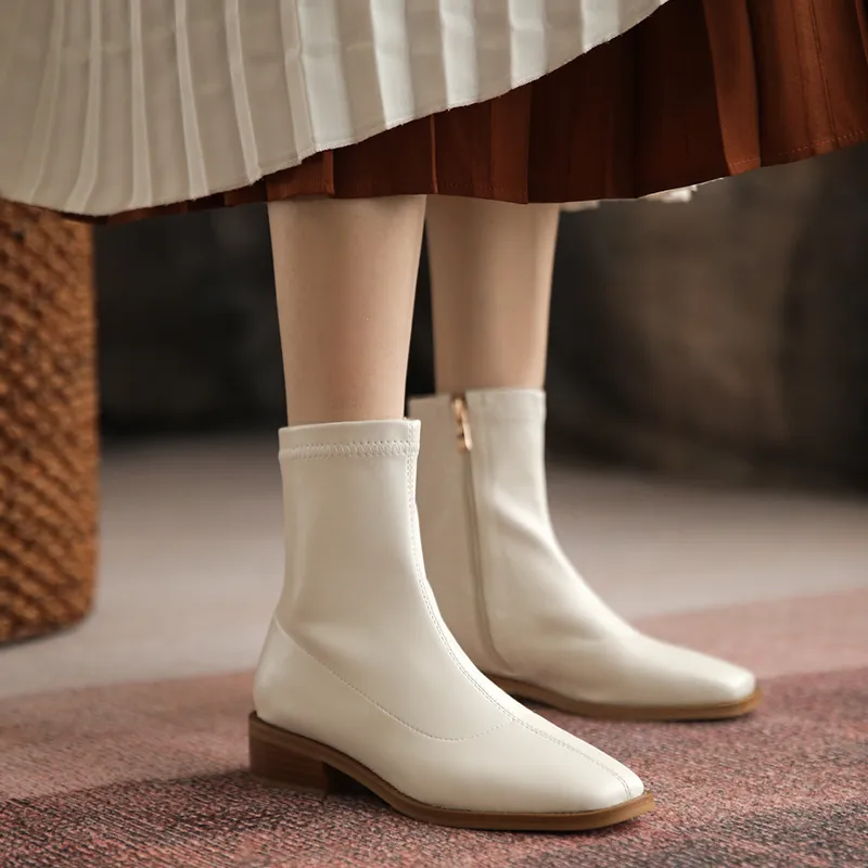 JOZHAMTA Size 34-42 Stretch Soft Leather Thick Heels Shoes For Women Winter 2023 Zipper Retro Ankle Boots Elastic_voghion.com