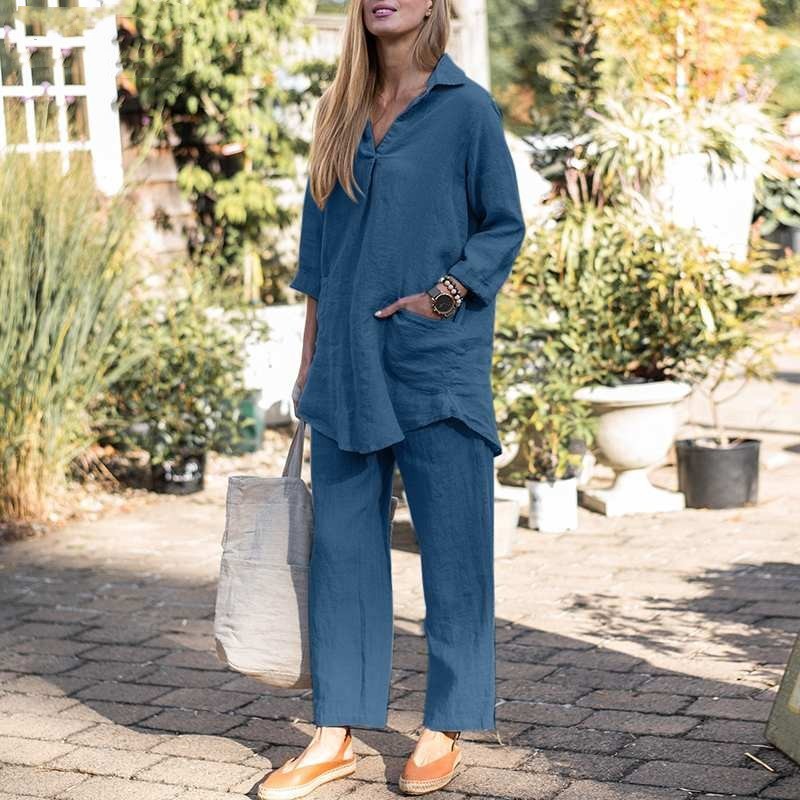 Women's shirt wide-leg pants solid color elegant casual retro suit_voghion.com