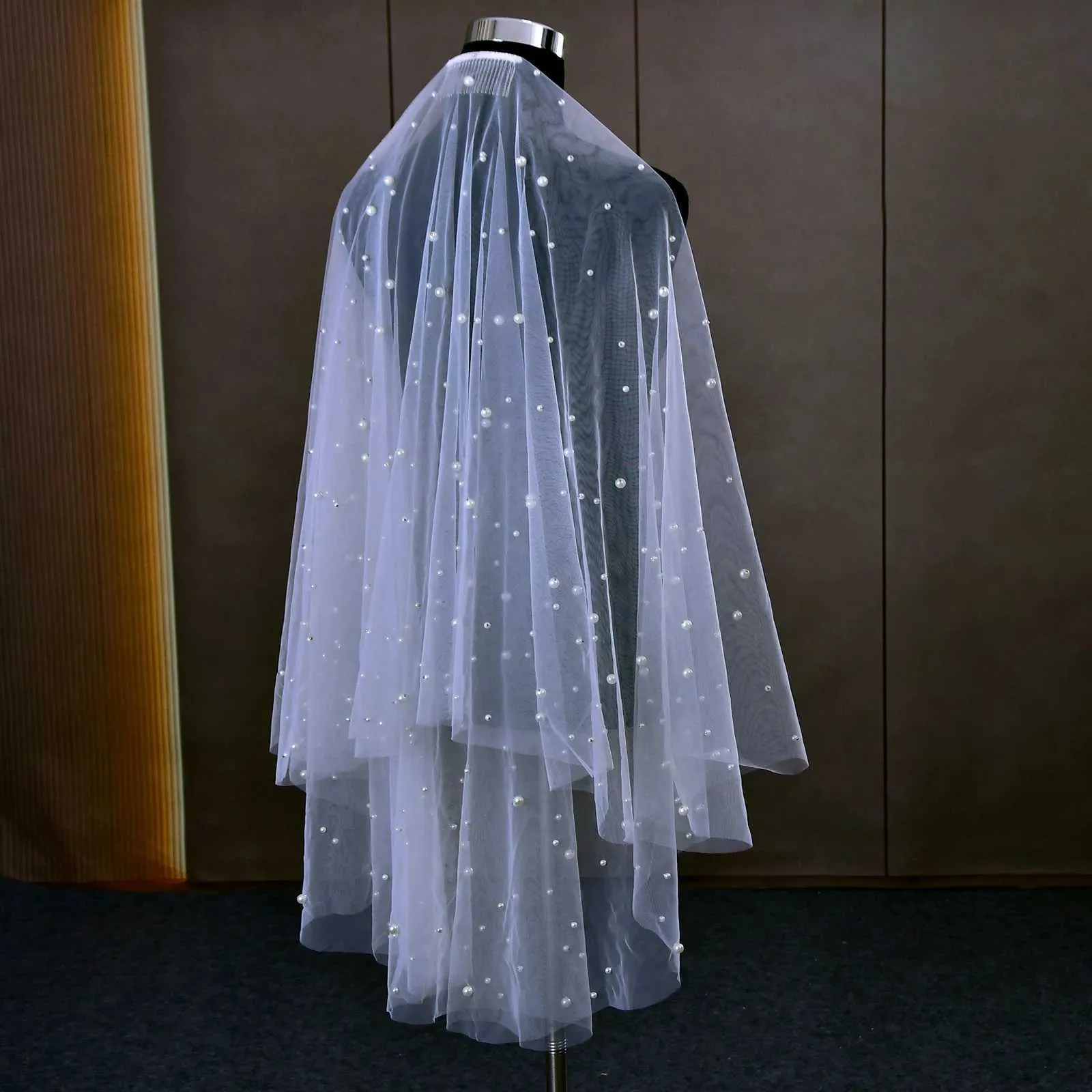 Gioielli per capelli, velo con 2 nodi, copri viso, perle, veli da sposa con perline, con pettine, bordo grezzo, lunghezza al gomito, accessori per matrimonio_voghion.com