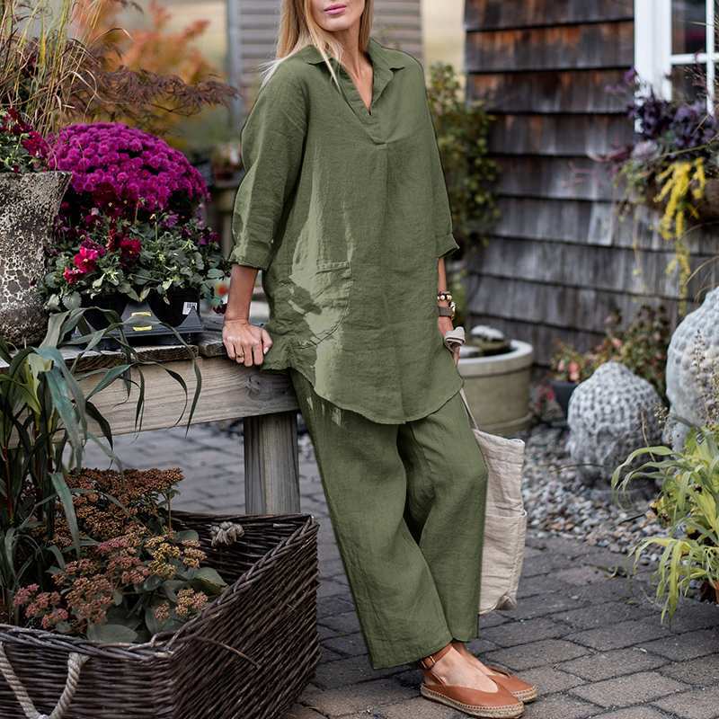 Women's shirt wide-leg pants solid color elegant casual retro suit_voghion.com