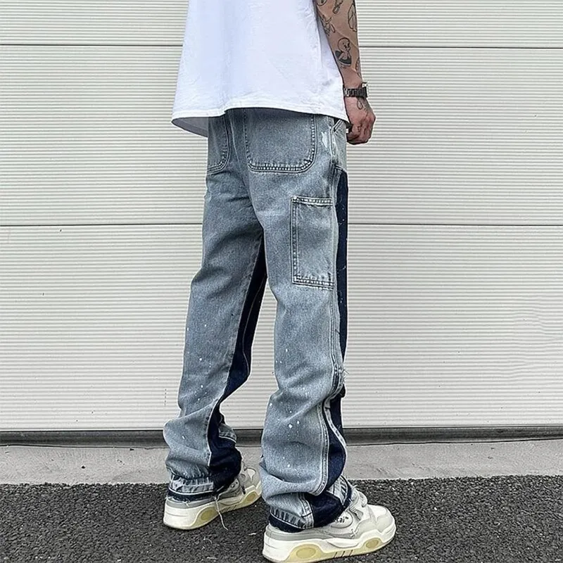 Men's Jeans European Ink Sprayed Flared For Men Contrast Color Looen Fit Streetwear Denim Clothes Open Hem Male's Baggy_mkmklike.com