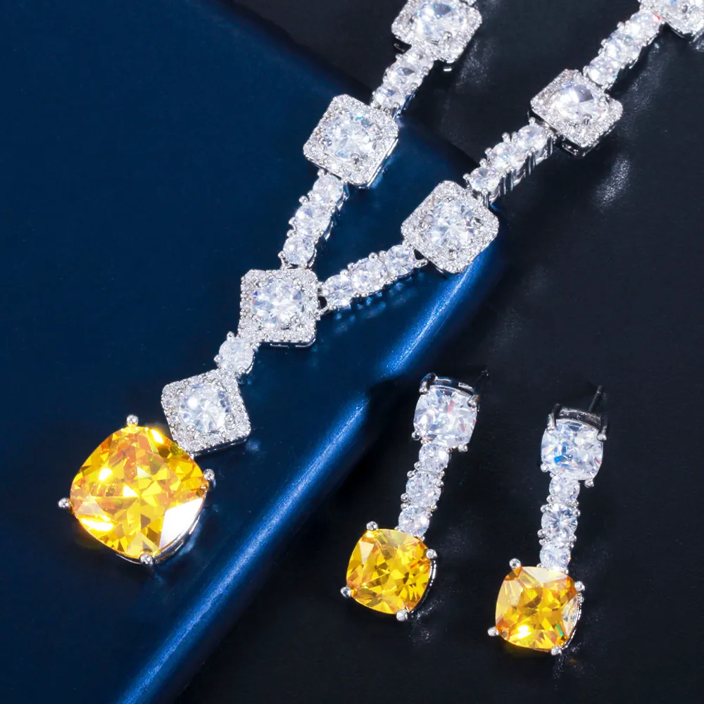 ThreeGraces Elegant Gul CZ Krystal Sier Farve Store Firkantede Dråbeøreringe Halskæde Bryllupsfest Smykkesæt til Kvinder_voghion.com