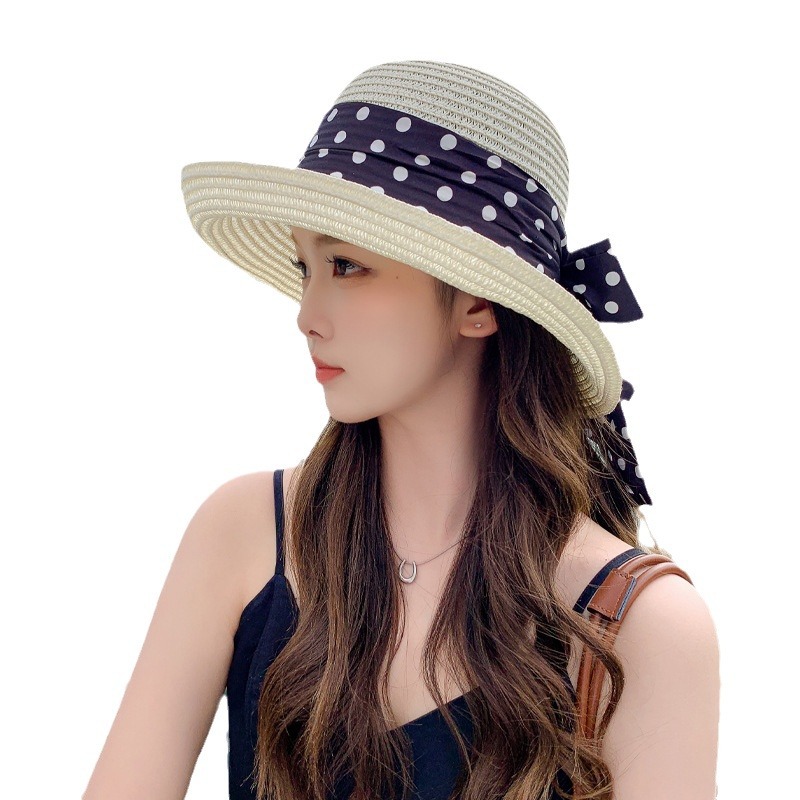 Women's Straw Sun Hat With Polka Dots And Ribbons For Beach_voghion.com