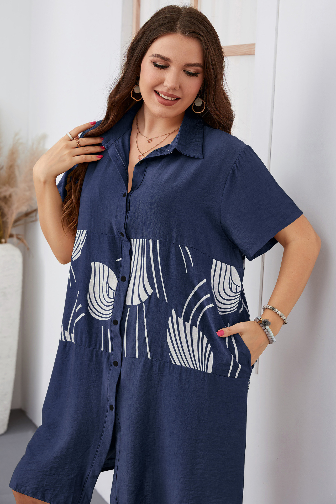 Women's large size loose long short-sleeved women's shirt_voghion.com