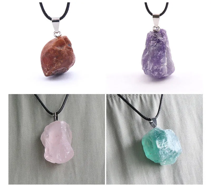 Anhänger Halsketten PCS Echter Rohstein Kristall Anhänger Halskette Natürlicher Edelstein Rosa Quarz Reiki Chakra Lederkette_voghion.com