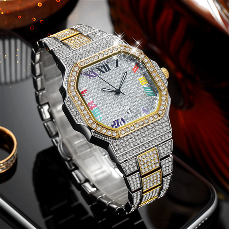 Men's Luxury Hip Hop Diamond Quartz Watch With Gold/Silver/Rose Gold Tone, Date Display, And Stylish Design For Casual & Formal Wear_voghion.com