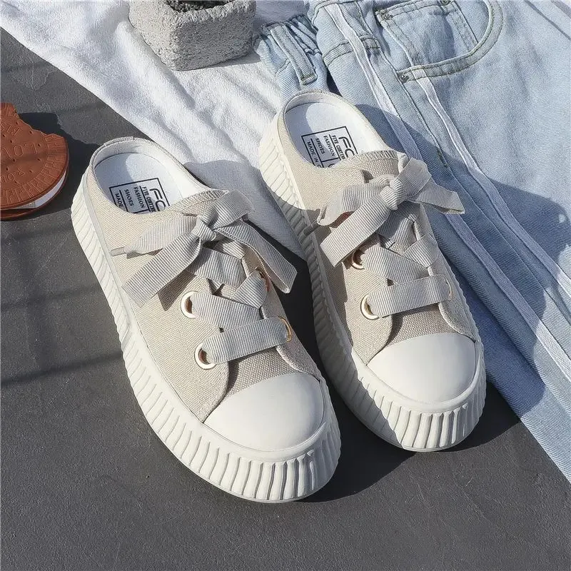 Sneakers estive da donna, pantofole e sandali da donna, ciabatte sportive con fiocco, scarpe alte, punta tonda, cotone, junior, bianco F_voghion.com