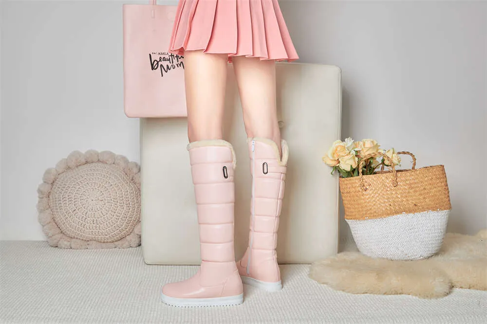 Winter Warm Rosa Weiß Schnee Frauen Schuhe 2024 Niedrigen Absätzen Knie Hohe Stiefel Weibliche Plattform Plüsch Lange Boote Mujer Schwarz_voghion.com