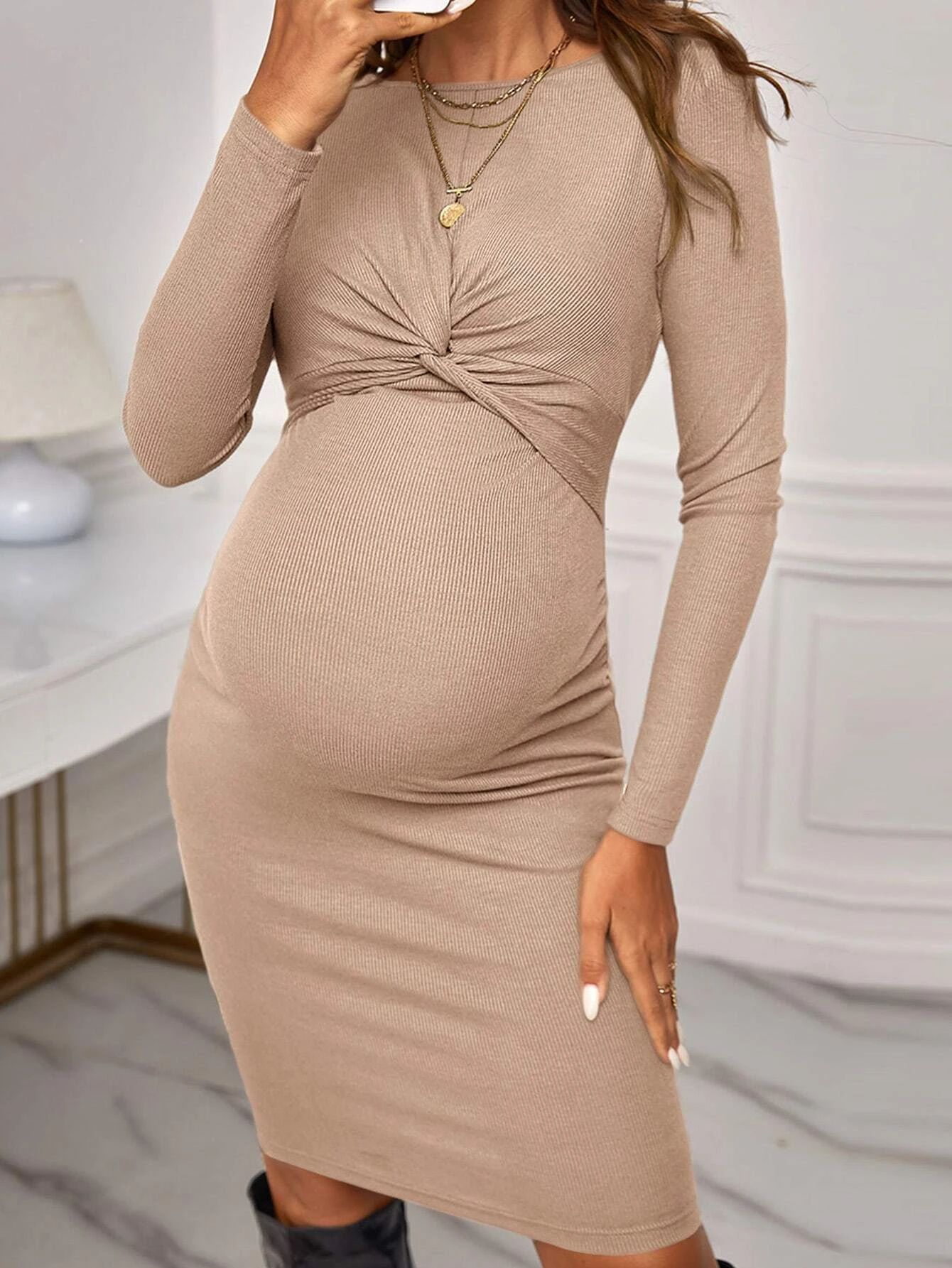 Robe tricotée à manches longues et col rond, tenue de maternité courte de couleur unie, ajustée_voghion.com