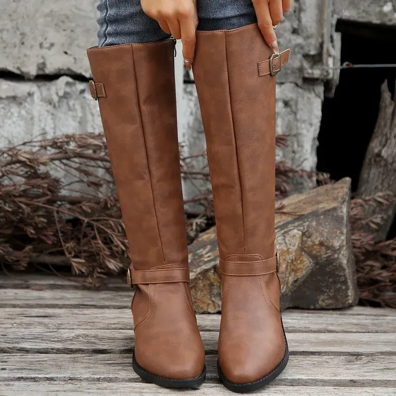 Boots Women Knee High Fashion Low Heels Square Platform Long Brown Black Leather Zip Winter Warm Shoes Booties_voghion.com
