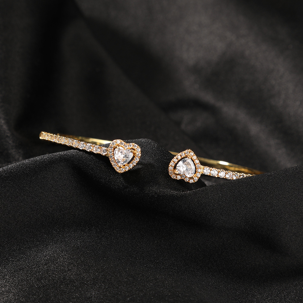 Bracciale da donna minimalista Hip Hop con doppio cuore e zirconi cubici, delicato bracciale impilabile per outfit alla moda (oro, argento, oro rosa)_voghion.com