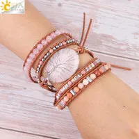 Charm CSJA Naturstensarmband Rosa Kvarts Läderarmband för Kvinnor Rosenstenar Kristallpärlor Bohemiska Smycken 5_voghion.com