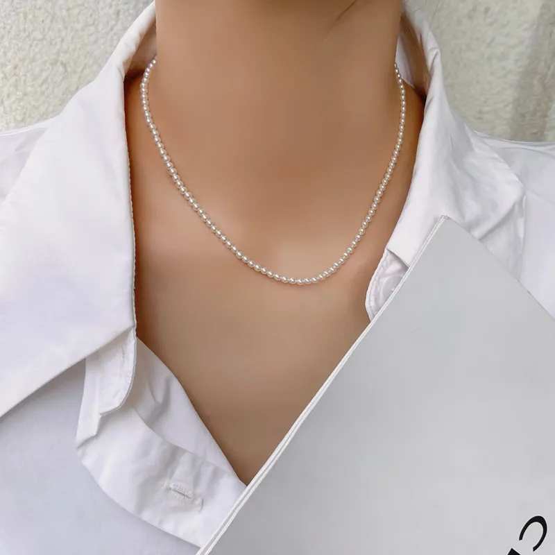 Collier de perles simulées en verre pour femme et fille, bijoux modernes, élégant, tempérament, perles de couleur grise et blanche brillantes_voghion.com