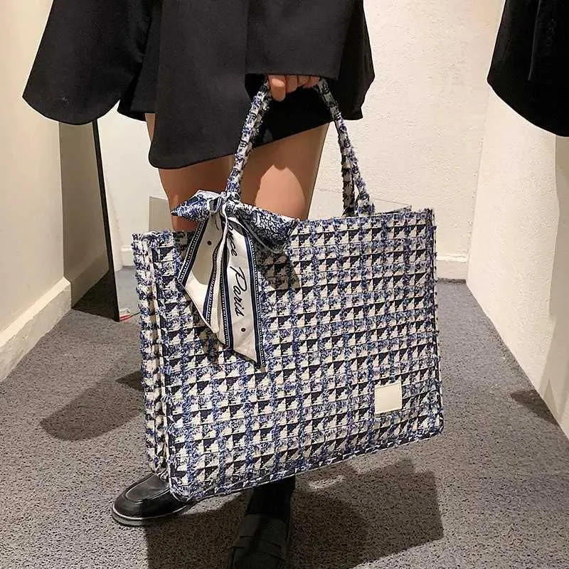 Sacola feminina Lattice Tote Premium Texture Square Bags Work Class Commuter Canvas Computer HandbagsC241210_voghion.com