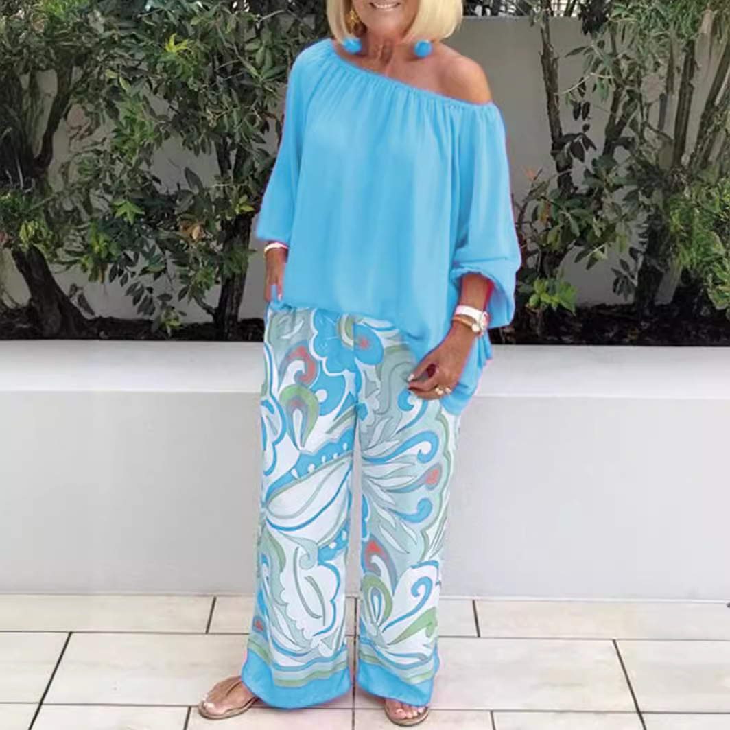 2025 New Women's Printed Pants Off-Shoulder Top Casual Set_voghion.com