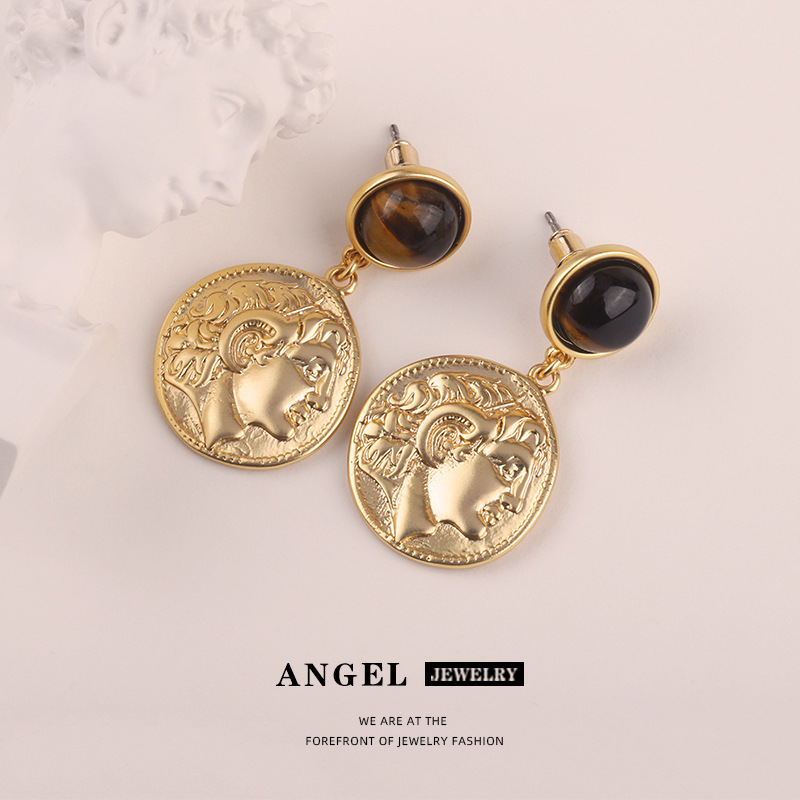 French retro medical earings with embedded gold coins, light, high end feeling, nice atmosphere, pending necklace for_voghion.com