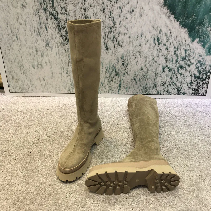 Frauen Herbst Winter Neue Plattform Dünne Ärmel Stretch frauen Runde Kappe Vintage Hohe Stiefel Botas De Mujer_voghion.com