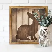 "8x8" Rustic Bunny Silhouette Wood Sign - Farmhouse Wall Art For Kitchen, Bedroom & Office | No Power | Easter/Housewarming Gift_voghion.com